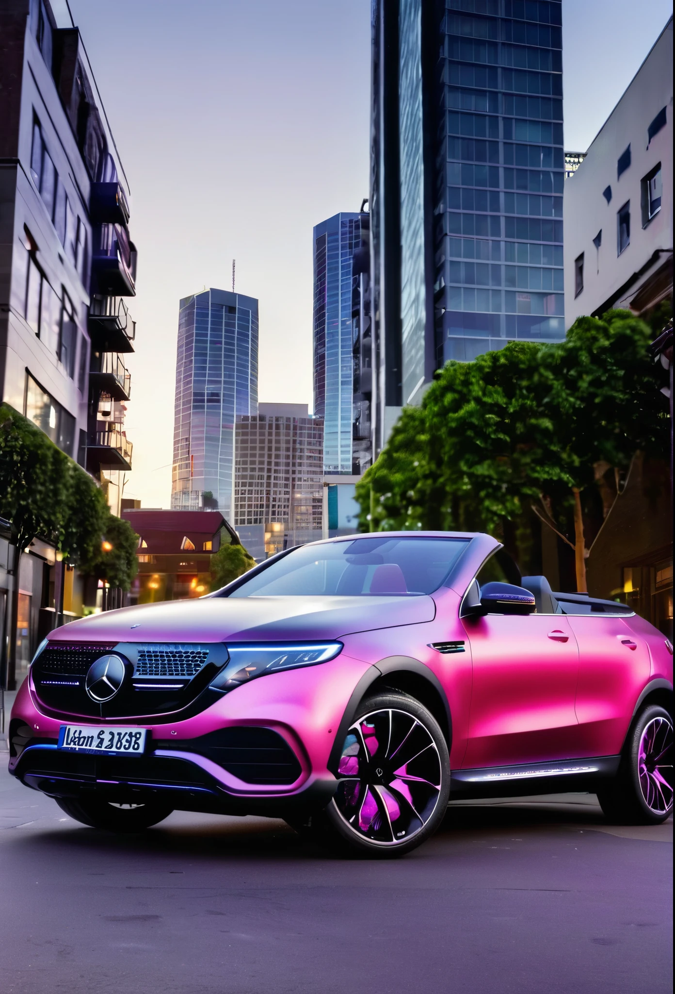 A publicity photo, mercedes benz eqc, convertible, honeycomb grille, metallic paint, matte paint sections , pink to black ombre, pink-tinged headlights,, brightly coloured alloy wheels, urban setting , city downtown,