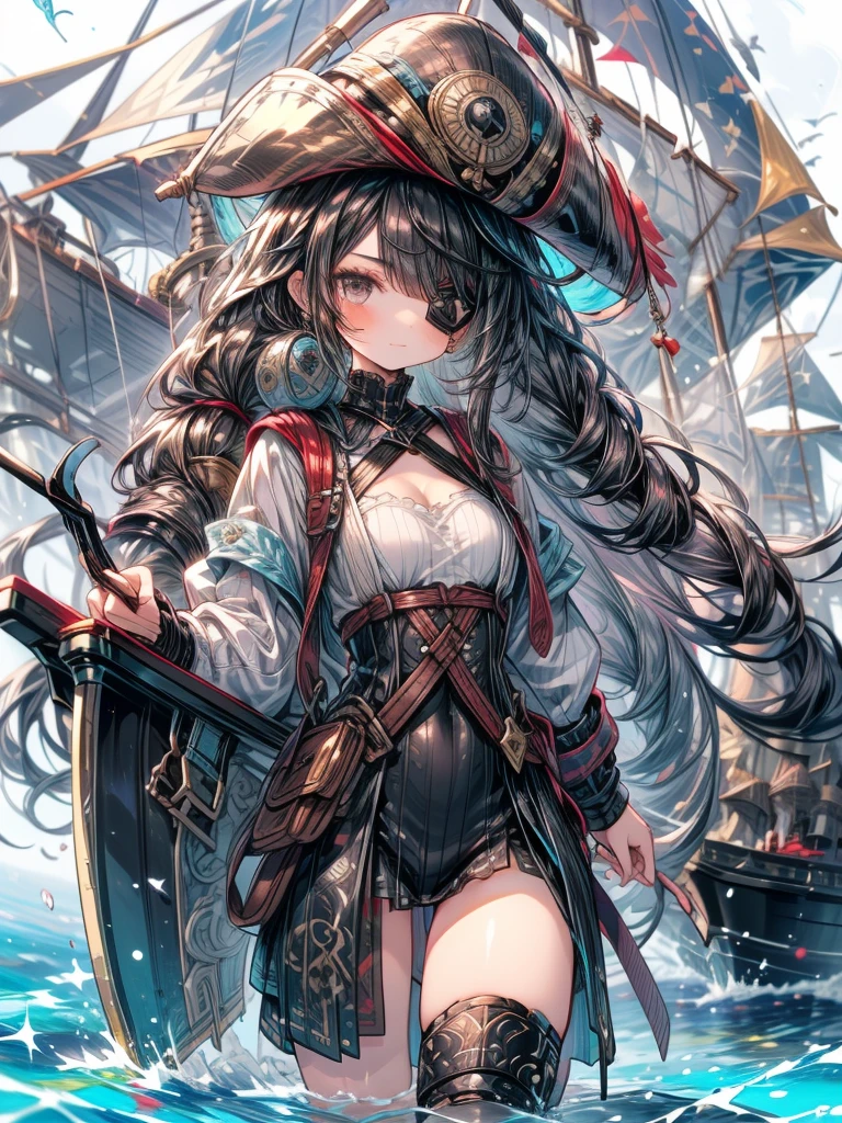 masterpiece、girl、Black Hair、Ocean賊の服、Wear a tricorn hat、((Black eyepatch))、Serious face、Ocean、On the boat、Upper Body