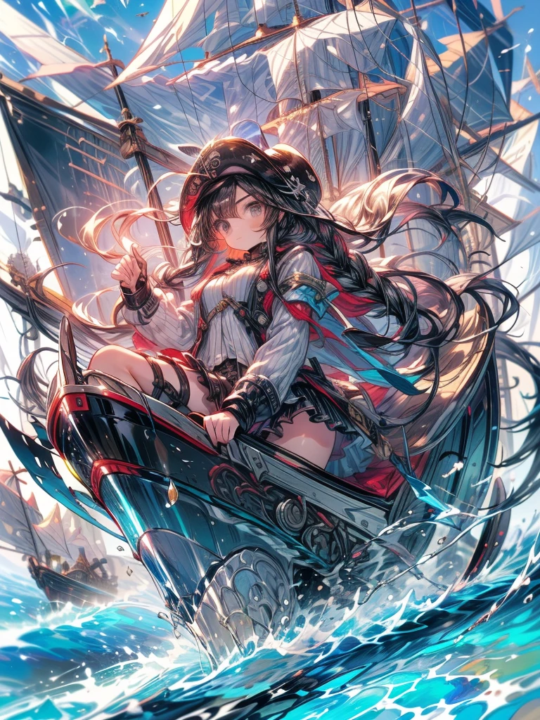 masterpiece、girl、Black Hair、Ocean賊の服、Wear a tricorn hat、((Black eyepatch))、Serious face、Ocean、On the boat、Upper Body