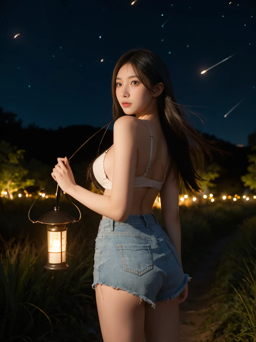 a girl, holding a lantern, walking in the field, it was dark, fireflies around.  No clothes, has a beautiful figure, beautiful breasts, and a beautiful butt.  The night sky is full of stars.