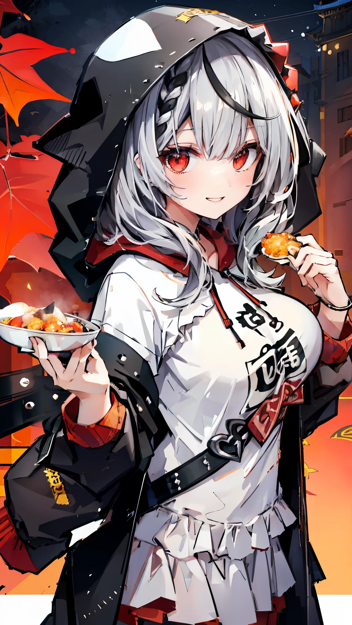 ,Highest quality,Silver and black hair,Red eyes,Orca,Chinatown,hoodie,Food,Ruffled T-shirt,skirt,autumn leaves,smile,Large Breasts,slender,