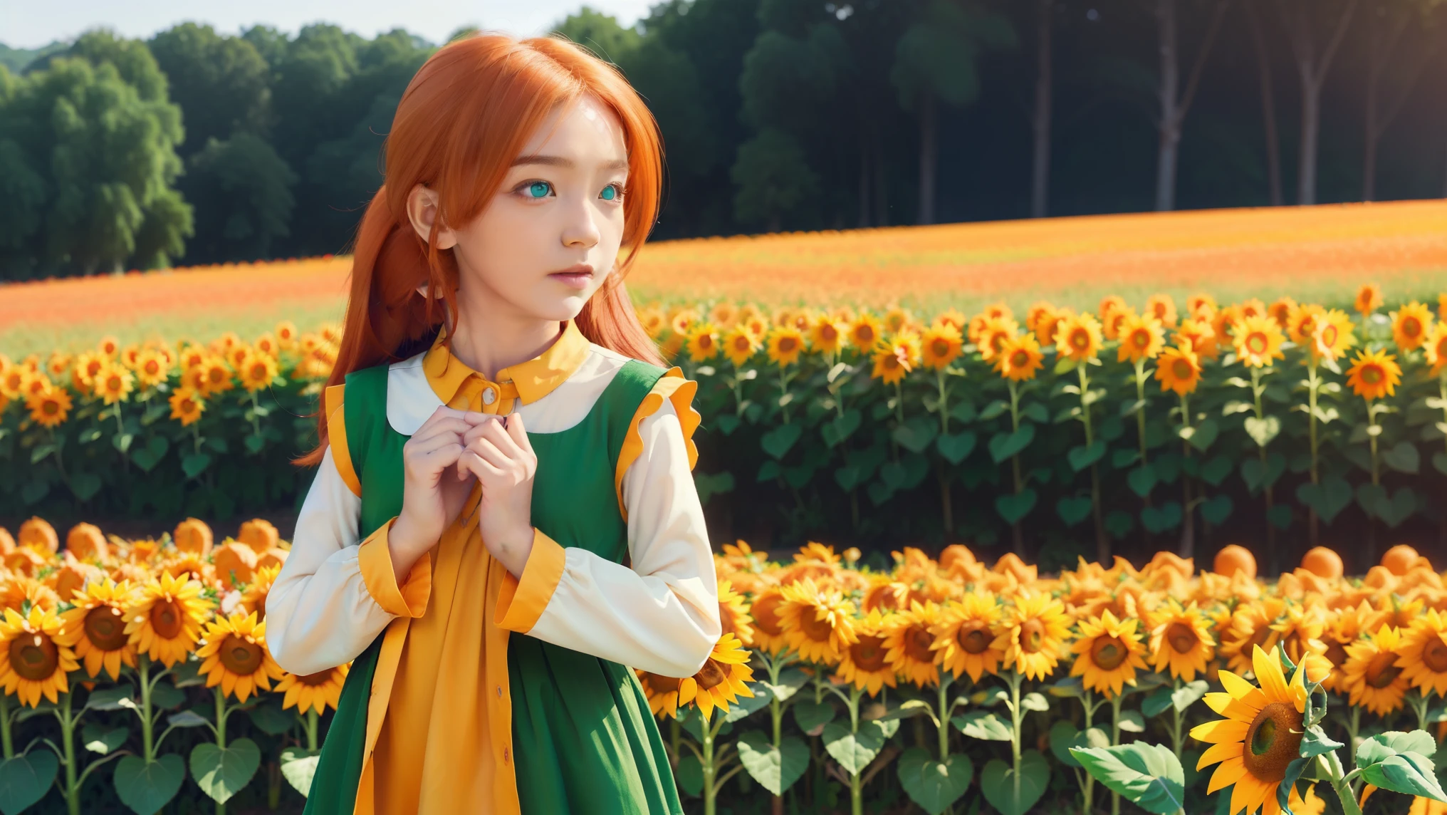 One girl, alone, Long Hair, Orange Hair, Green Eyes, Recall, Sundress, sunflower, Field,, masterpiece, Highest quality, Very detailed