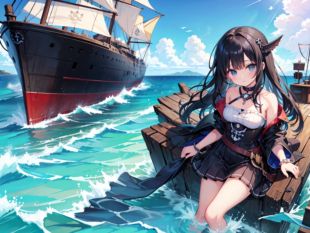 masterpiece、girl、Black Hair、Ocean Pirates&#39; Clothes、Wear a tricorn hat、((Black eyepatch))、Serious face、Ocean、On the boat、Upper Body、Female captain on a huge pirate ship、