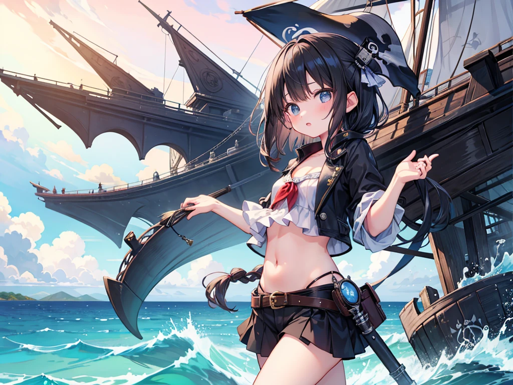 masterpiece、girl、Black Hair、Ocean Pirates&#39; Clothes、Wear a tricorn hat、((Black eyepatch))、Serious face、Ocean、On the boat、Upper Body、Female captain on a huge pirate ship、