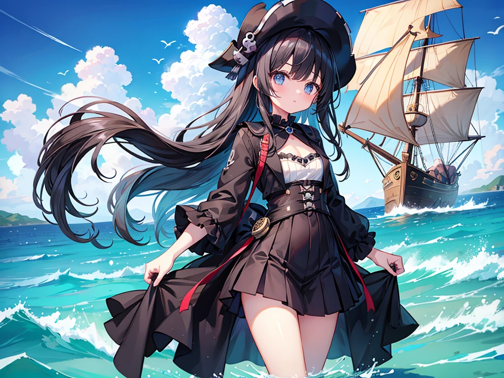 masterpiece、girl、Black Hair、Ocean Pirates&#39; Clothes、Wear a tricorn hat、((Black eyepatch))、Serious face、Ocean、On the boat、Upper Body、Female captain on a huge pirate ship、Cute giant pirate ship、Pirate costumes、