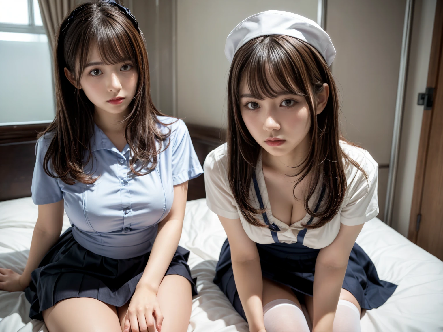(One woman), Great face and eyes, blue eyes, Captivating smile, (Frilled maid cafe costume, Pleated mini skirt:1.5), (Wide open maid cafe costume:1.2), (Stunningly beautiful woman), (Highest quality:1.4), (Very detailedな), (Very detailed CG 統合 8k 壁紙), Very detailed, High-quality RAW color photos, Professional photography, Written boundary depth, (View from below),、((Sexual pose:1.5))、((Top view:1.5))、((Light sweating:1.5))、Big Breasts、Long wavy brown hair、(((Japanese:1.5)))