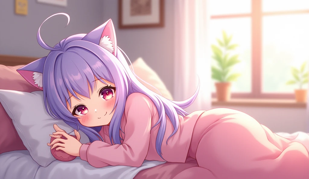 Cat_girl, Hide one eye with bangs、Sleep on your back, Deep eye contact, Shy smile, From above,(Browsing Caution:0.55), ((chestが平らな, Flat Stomach, Baby Face)), (Vibrant colors), chest,
