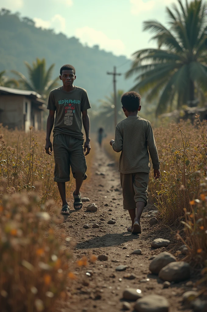 Two boys in broken clothes playing football in a favela, Rio de Janeiro