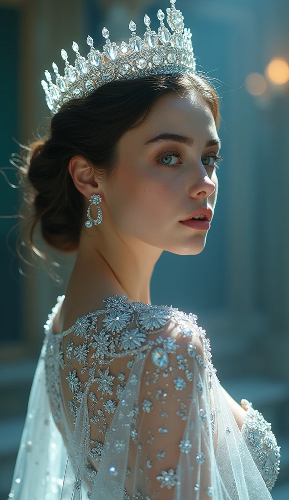 (Cinematic Photo:1.3) A photo a woman beauty in dress glass,Intricate Surface Detail, Crystal Core, Bejeweled, ethereal dress a close up, Ethereal Fantasy, Realistic, Fiction, Full-HD