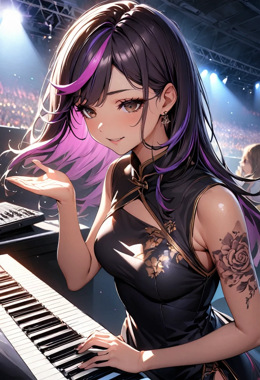 (highest quality:1.2, Very detailed, up to date, Vibrant, Ultra-high resolution, High Contrast, masterpiece:1.2, highest quality, Best aesthetics), Portraiture、girl、singer、stage、performance、Rock Music、Bright colors、Beautiful fine details、Beautiful lip detail、long hair、black and purple ((streaked hair:1.6)), highlights hair: 1.5, rbrown eyes, slim body, middium breast, Music band、Cheerful pose、Concert Light、Edgy Style、colorful Cheongsam, Dynamic Movement、hypnotic sounds、Stadium、amplifier、Loud music、keyboard player, (playing keyboard:1.6), (Floral Fineline tattoo design on left arm:1), Passionate performance、Sparkling stage、Concert atmosphere、Music Festival、Full of emotion、Rock star attitude、Resolute expression、Avid Fan、The presence of an attractive stage、 Expressive gestures、Rock star aura、An exciting atmosphere、Sing with all your heart、An unforgettable show。