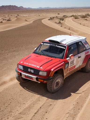 desert, rally car, (Jump in a rally car and take a huge jump through the desert:1.3), messy hair, (red t-shirt), (white shorts), long shot, ground-level shot