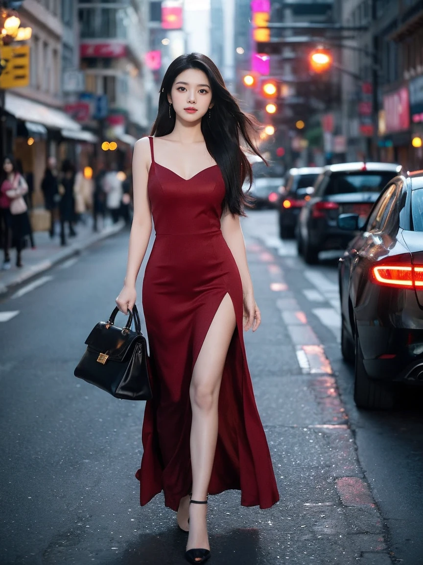 A beautiful girl walking in the night city, long black hair, fair skin, oval face, large sparkling eyes, wearing a sexy, form-fitting wine-red dress that accentuates her stunning figure, black high heels, holding a small black handbag. She is standing in a bustling street with neon lights and street lamps creating a dreamy atmosphere. The tall buildings with colorful lights in the background. The scene has realistic lighting, capturing soft light reflections on her hair and face from the street lamps. The image is highly detailed and photorealistic, as if taken with a DSLR camera, with a natural depth of field and sharp focus. She is positioned at one-third of the frame, creating a more artistic composition. She has a soft smile on her face, and the ambiance is lively yet romantic."