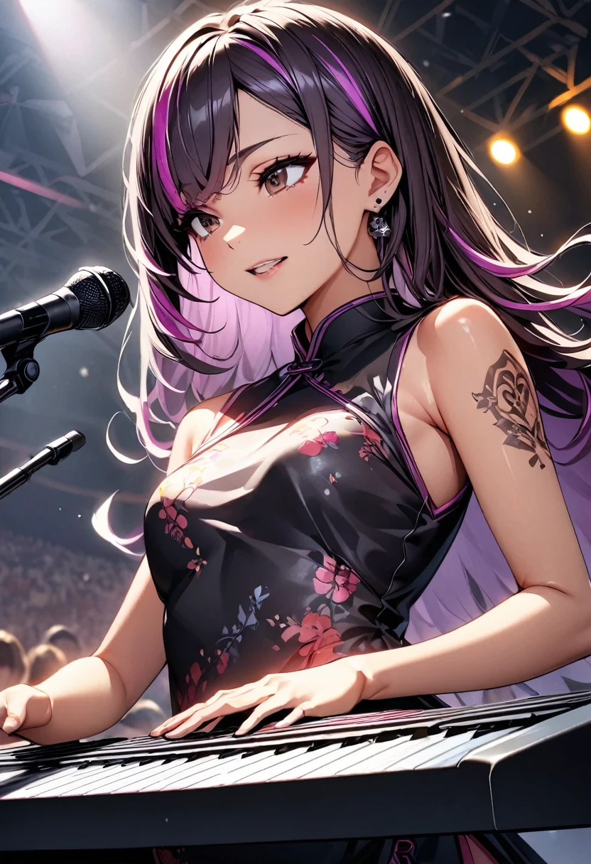 (highest quality:1.2, Very detailed, up to date, Vibrant, Ultra-high resolution, High Contrast, masterpiece:1.2, highest quality, Best aesthetics), Portraiture、girl、keyboard player、stage、performance、Rock Music、Bright colors、Beautiful fine details、Beautiful lip detail、long hair、black and purple ((streaked hair:1.6)), highlights hair: 1.5, brown eyes, slim body, (small breast:0.7), Music band、standing in keyboards booth, playing keyboards、(raise left hand high:1.5), Concert Light、Edgy Style、(colorful Cheongsam:1.2), (no sleeve:1), Dynamic Movement、hypnotic sounds、Stadium、amplifier、Loud music、(playing keyboards:1.6), (Floral Fineline tattoo design on left arm:1), Passionate performance、Sparkling stage、Concert atmosphere、Music Festival、Full of emotion、Rock star attitude、Resolute expression、Avid Fan、The presence of an attractive stage、 Expressive gestures、Rock star aura、An exciting atmosphere、An unforgettable show, closs earing, (upper body:1.2)
