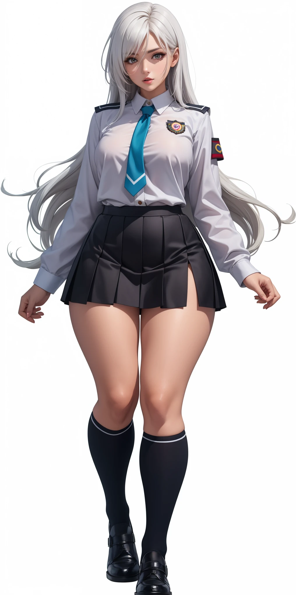 (masseter part,best quality,ultra-detailed),(character sheet:1.2),full body,School uniform,front view,side view,back view,golden eyes,bright pupils,delicate hair ornaments,long gray hair smooth, bow ribbon, bright smile, Uniforms, Reference Table, nffsw, precise, super detail, SolidBackground, high detail, 4k, dagger decoration, same character