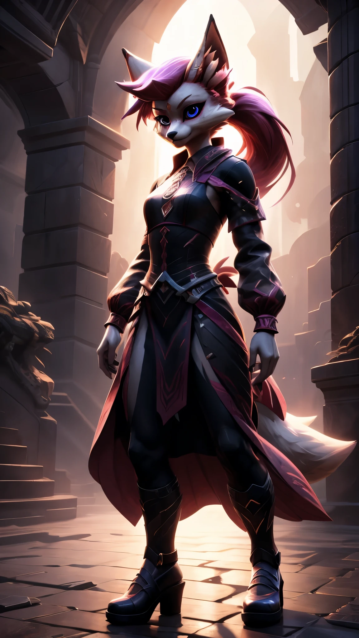kimiko, furry female anthro, fox girl, white body fur, pink hair, multiple tails, solo, short ponytail, scar on the eye, large elegant dress, serious face, elegant shoes, elegant pose, dark ruins of a fantastic dungeon, digital art, volumetric lighting, modern art, photorealism, wallpaper, dark tones with bright gaps, excessive detail, mind-blowing detail, 4k, cinematic lighting, suspenseful lighting, (best quality), detailed background, detailed body, ((detailed eyes, detailed face)), masterpiece, glistening body, shiny body, perfect shadows, ((perfect eyes, perfect hair, perfect face))
