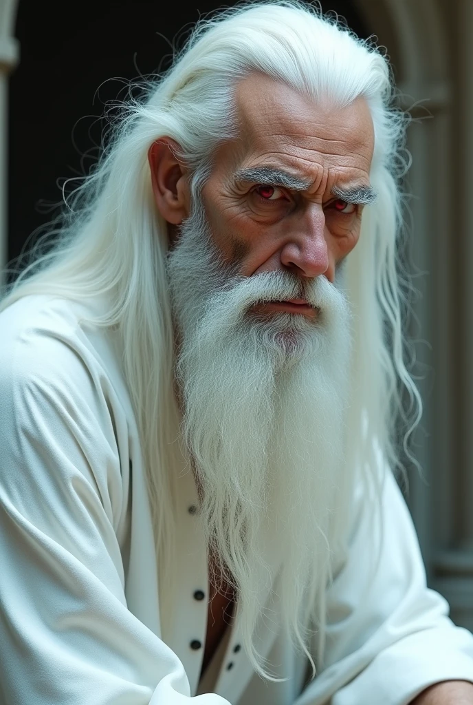 man with flowing white hair looking down