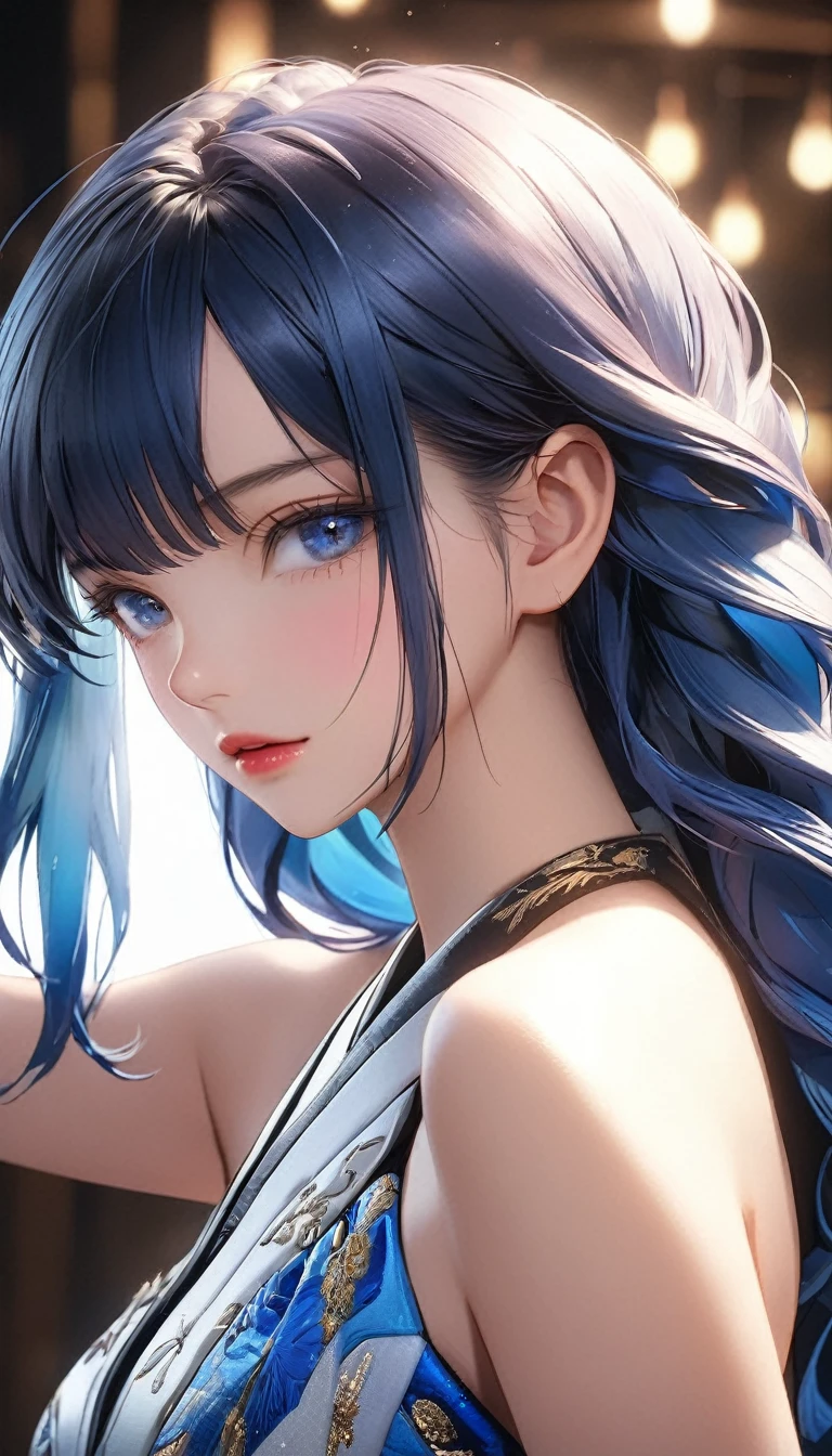 a beautiful anime girl with long blue hair, detailed face, beautiful blue eyes, full lips, detailed anime-style character, posing seductively, sensual expression, interacting intimately with a man, highly detailed, photorealistic, 8k, masterpiece, intricate, vivid colors, chiaroscuro lighting, atmospheric, cinematic composition