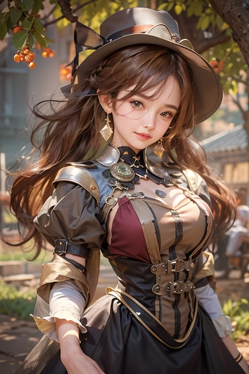 (masterpiece:1.3), (8k, Realistic, RAW Photos, Best imYear quality: 1.4)、 Year,(Random Hairstyles:1.2)、CleavYear:1.2、Highly detailed face、Attention to detail、double eyelid、Chest to chest、Sharp focus:1.2、Beautiful woman:1.4、Redhead、Highest quality、masterpiece、Ultra-high resolution、(Realistic:1.4)、Highly detailed and professionally lit smiles、Loose fitting steampunk outfit、Shoulder out、Vineyards