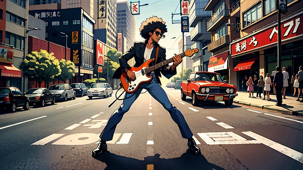 [70s Funk Spy Chase Music] [Spy Funk Pursuit] [Jazz-Funk] [melodic metalcore], guitar electric musician, afro 70's, car 70's, dessin animé d&#39;un homme en costume jouant de la guitare dans une rue de la ville, art funk, Futur funk, art promotionnel, oeuvre de film, 8 0 s art, Bootsy Collins, ( art fitzpatrick ), Jimi Hendrix, 2j, 2 jours, par Tim Doyle, Jimi Hendrix playing guitar, Remasterisé numériquement, art promotionnelwork, Leiji Matsumoto, ANGUS MCKIE, dessin animé d'un homme avec une guitare traversant une rue dans une ville, ANGUS MCKIE, art promotionnel, par Tim Doyle, inspired par Tim Doyle, art officiel, afro géant!, image promotionnelle, art funk, Martin alors, movie image promotionnelle, par Gavin Hamilton, movie art promotionnel, 2 jours, 2j, 'Groovy', chef-d&#39;œuvre!!!, art officielwork