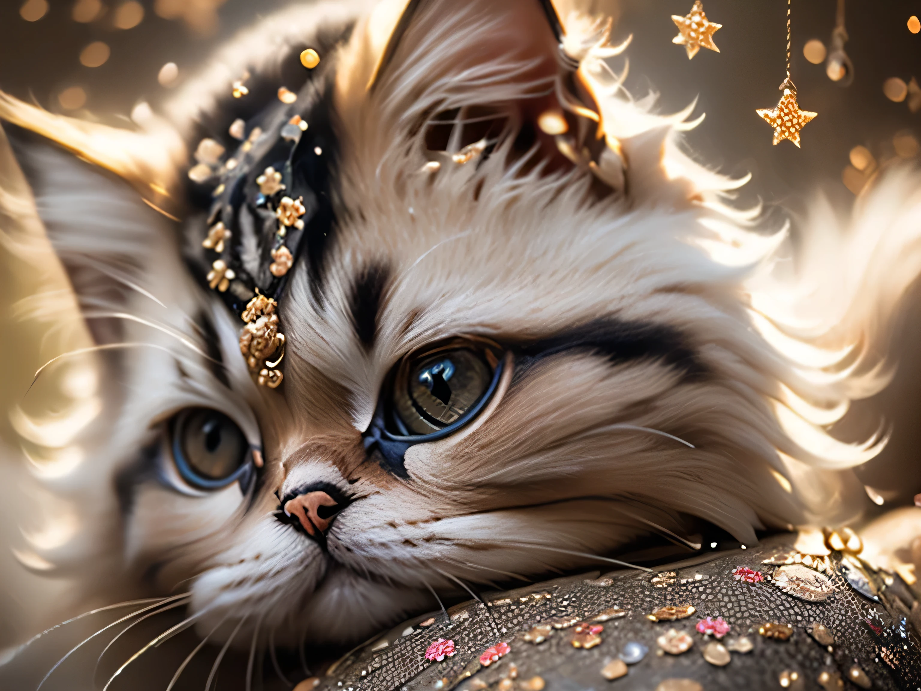 close-up photo super cute, big-eyed, with a soft, gentle nose, fluffy, smiling with two teeth, Persian cat on a natural background, realistic, beautiful, sparkles, stars in the eyes, soft volumetric light, (backlight:1.3), (cinematic:1.2), intricate details, (ArtStation:1.3), Rutkowski --auto --s2