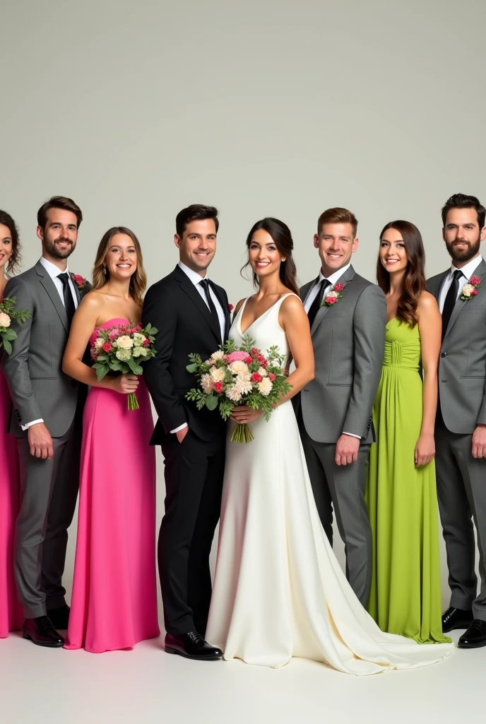 bride in white dress, groom in burgundy suit, and the groomsmen and bridesmaids' clothes in black at the wedding