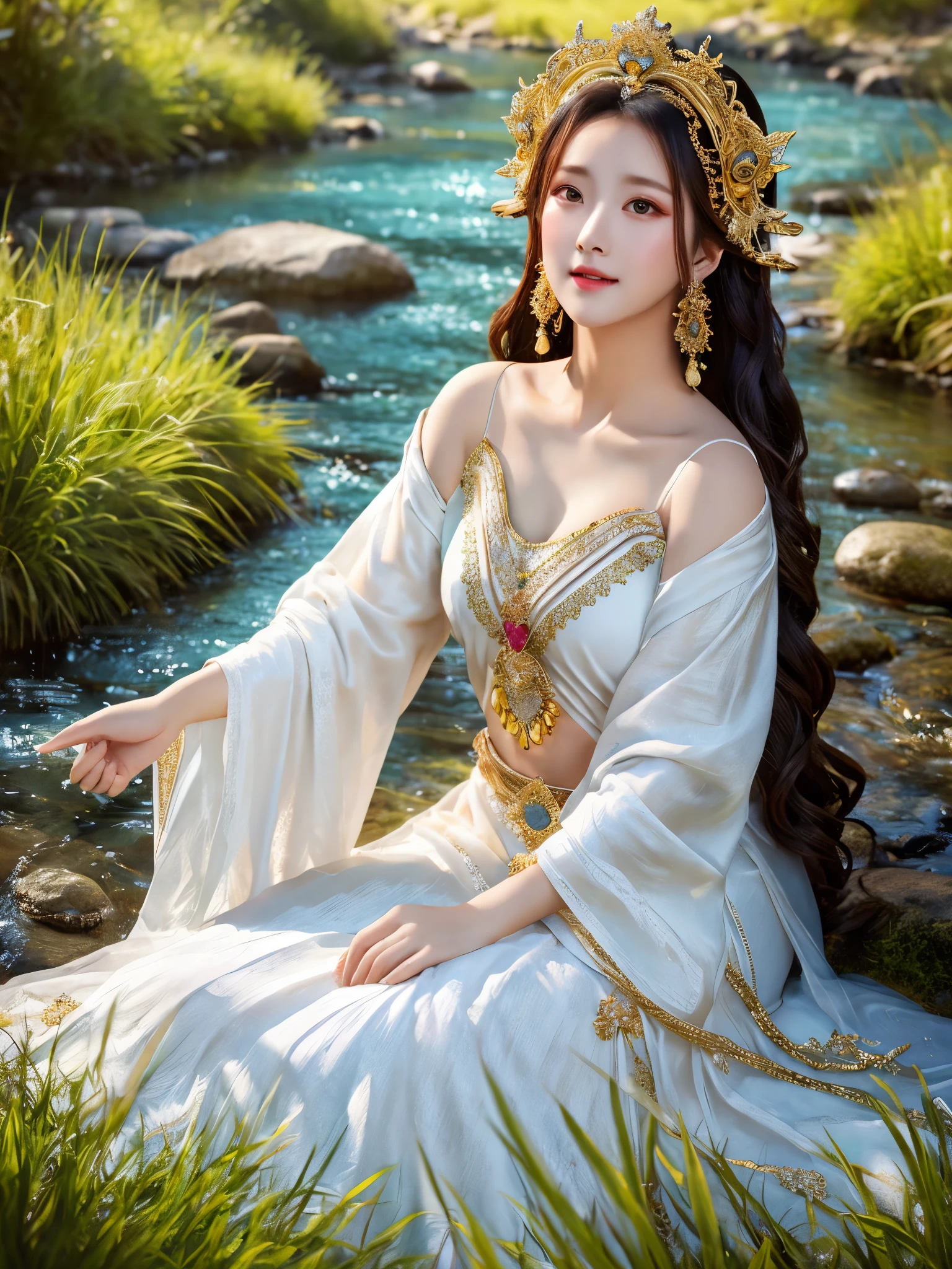 Light lines form shapes,fox . octane and unreal engine 5 rendering, bokeh dark forest grave background,4K resolution,Ancient Chinese Women,female god,The gods, 25 years old, Handsome and sexy,white silk gauze,Golden Angel Dress,Exquisite clothing styles,Beautiful real jade pendant,Barefoot,bare shoulders,Reveal your navel,Date and time,Under your feet there are clouds and mist., fly in the sky,fly in the sky,float,calm and indifferent, detailed body, detailed face, The body is greasy.,smile a little, A beautiful one, Exaggerated, Handsome and charming, Looks brave., long hair fluttering,ผมfloat,It has a long bang.,Incredible amount of hair,Hair flowing,Ambient light,Detailed sky background,Surrounded by clouds,Volumetric illumination,Cell shading,64k