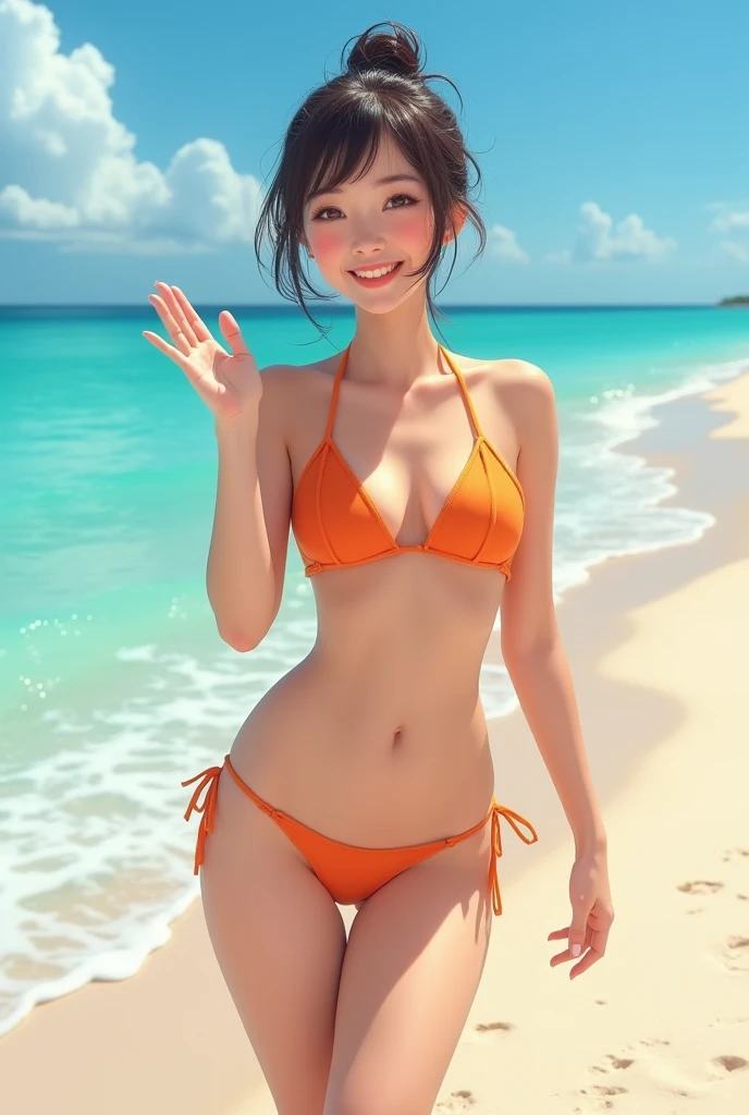 Masterpiece, best quality, beautiful teenage girl,dark brown hair, Beautiful face, beautiful blue eyes, Long eyelashes, Blush, Kind smile, Yellow bikini with paint splash pattern, small breasts large, sexy, Beautifully detailed beach, 3d, 30,000, HDR, Exquisite clothing details, Highly detailed, perfect light, movie light