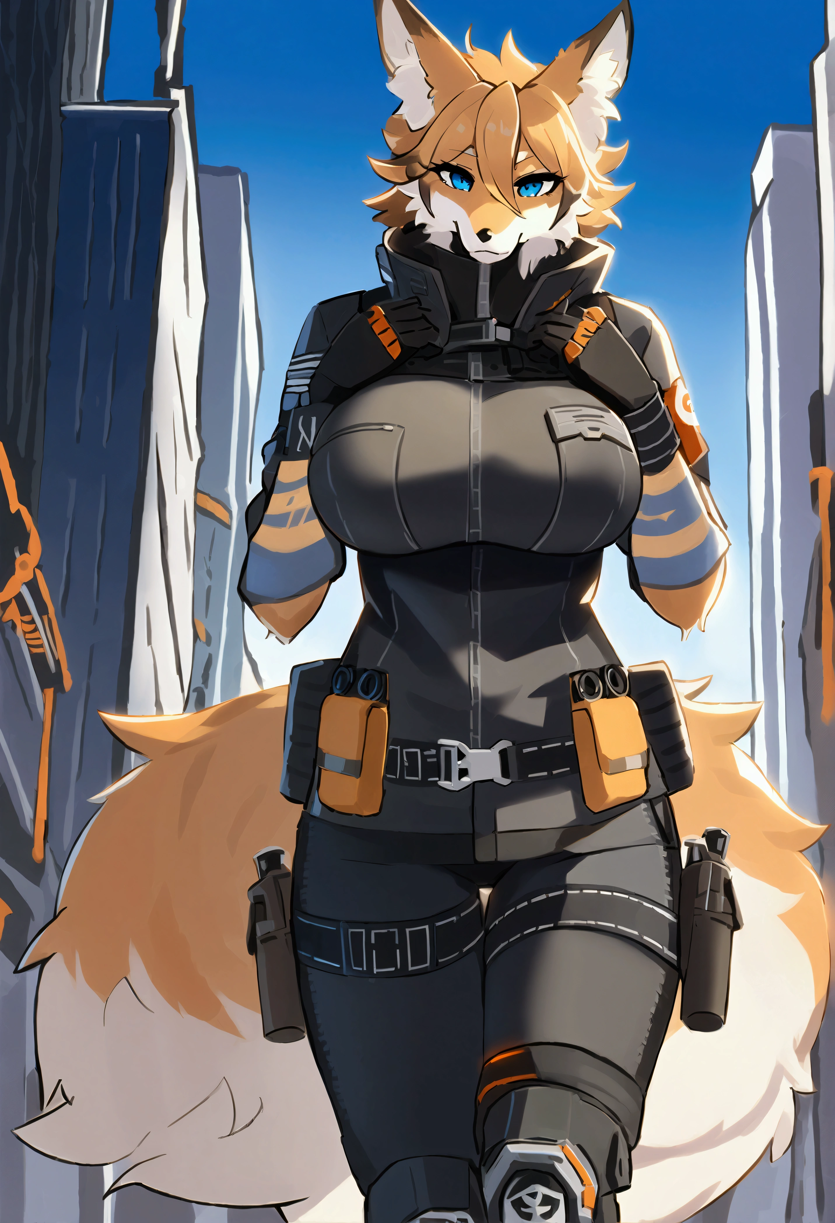 (top quality, best quality, High-quality illustrations, masterpiece, 16k, 1080p, uploaded on e621)(kemono, furry, anthro, alone), The Division, Division Agent, round, 1 female, hot mother figure, very detailed body face and eyes, werefox, fur, fluff, big breasts, tail, wide hips, perfect eyes, blue eyes, tribe tattoos, tribe marks, beautiful Agent clothes, The Division Manhattan, body movement, body twitching,
