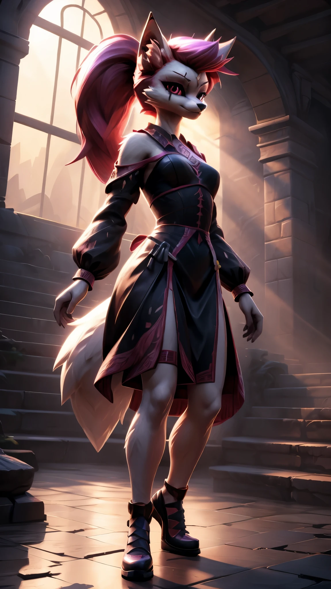 kimiko, furry female anthro, fox girl, white body fur, pink hair, multiple tails, solo, short ponytail, scar on the eye, large elegant dress, serious face, elegant shoes, elegant pose, dark ruins of a fantastic dungeon, digital art, volumetric lighting, modern art, photorealism, wallpaper, dark tones, excessive detail, mind-blowing detail, 4k, cinematic lighting, suspenseful lighting, (best quality), detailed background, detailed body, ((detailed eyes, detailed face)), masterpiece, glistening body, shiny body, perfect shadows, ((perfect eyes, perfect hair, perfect face)), red eyes