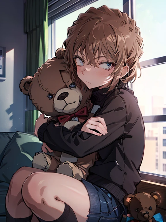 (Girl hugging a teddy bear:1.2), short hair, Haibara Ai, Brown Hair, highest quality, 1girl, ccurate, (masterpiece), uhd, retina, anatomically correct, textured skin, super detail, high details, high quality, best quality, highres, 16K