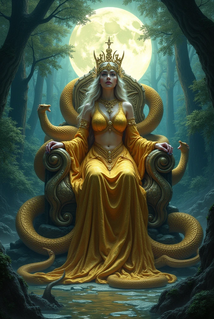 This artwork should be hyper-realistic, capturing every detail with stunning clarity, Imagine a blonde Medusa in her s, with a slender and toned physique, Hints of muscle definition can peek through, suggesting her sexiness and agility, Clad in minimal attire that hints at her forbidden beauty, Think flowing silks draped strategically or intricately crafted jewelry that adorns her body in a captivating way, The outfit should be suggestive and alluring and overly revealing, Pay close attention to the pose - perhaps she sits regally on a throne-like rock, one hand leans forward with a playful tilt of her head, drawing the viewer in, This Medusa possesses an ethereal beauty, with flawless features and captivating eyes that shimmer with an air of mystery and allure, Her expression should be one of captivating confidence, with a hint of a playful smirk or a mesmerizing gaze that draws attention being overtly sexual, Capture the subtle differences in texture between her human-like skin and the cascading snakes that make up her hair, Let the pose and suggestive clothing hint at her sensuality , being overly revealing, Emphasize the unique Medusa features, such as the vibrant snakes that writhe around her head, focusing on their beauty and mesmerizing movements and a scary aspect, Consider incorporating elements of her environment, like a lush, overgrown temple, This artwork should exude an air of captivating beauty and alluring danger,The Medusa is aware of her power and holds a captivating presence that both attracts and intrigues.