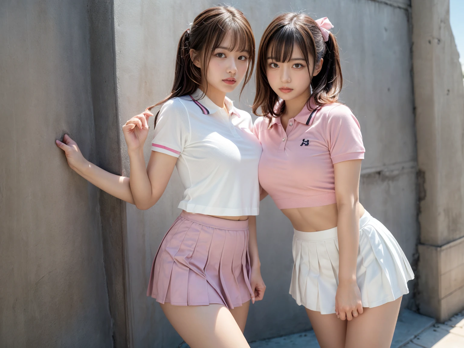Two girls standing in the park,Plain white school gym shirt with navy blue trim,Navy blue speed briefs,Red headband,White headband,18-year-old,bangs,A little smile,Thighs,knees,Straight hair with barrette,From below,Front light, White panties visible from the skirt、Lift the hem of your skirt with both hands to reveal your panties.