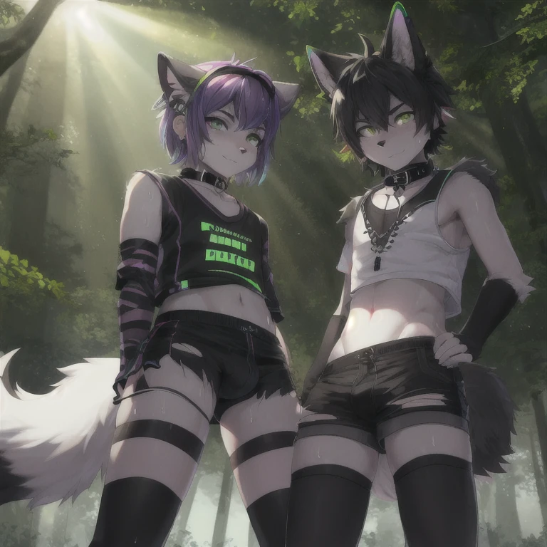 High Resolution, extremely detailed body, Best Quality, young adult duo, Femboy, neon background, Earrings, Horns, black fur, wolf, short hair, long bangs, dyed hair, fluffy tail, collar, tech wear, shorts, arm warmers, striped black thigh highs, gothic, torn clothes, hairclips, bulge, forest, mischievous expression, mischievous pose, sweating, butt, aftenoon, Depth Of Field, Lens Flare, Glowing Light, Reflection Light, God Rays, Anatomically Correct, From Below, 