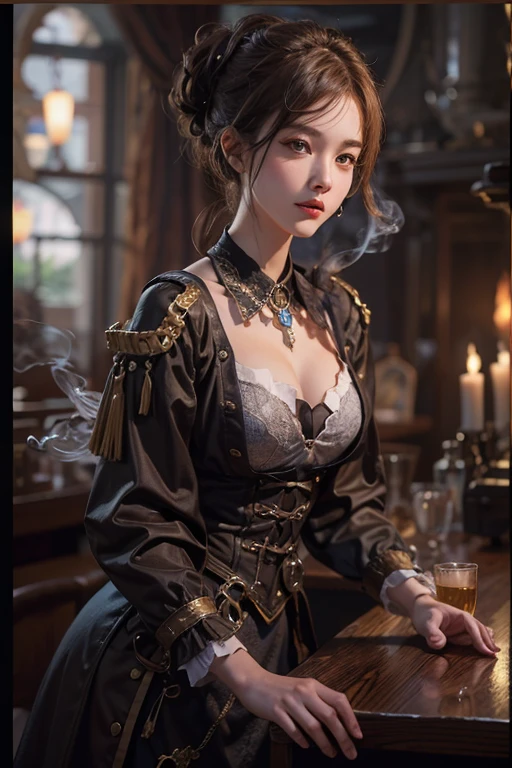 16K, RAW Photos, Highest quality, High resolution, Absurd), High resolutionRAWカラー写真, Professional photography, ,((Wide-angle lens)), (Layered silhouette:1.2), Complex patterns, Delicate craftsmanship, Shadow play, Depth and Dimension, Creative Expression, (Realistic, Photorealistic:1.37), (1 person), Toned Up, Cinematic Light, bloom, burn, (Detailed painted face:1.2), (masterpiece:1.5), ((Highest quality, 8k, Tabletop: 1.3)), sharp: 1.2, Perfect Body Beauty: 1.4, Slim Abs: 1.2, ((Layered Hairstyles, Very large breasts: 1.2)), (((steampunkの衣装を着て写真を撮る,male, steampunkな衣装を着て, steampunkファンタジー style, (steampunk), ( steampunk ), steampunkの美しいmale, steampunkな美しいリアルな高齢male, steampunk BOY, steampunk style, steampunkファンタジー, steampunk, steampunkな発明家の, スチームブラックsteampunk, steampunkの世界を舞台にした, 鮮やかなsteampunkのコンセプト,Monochrome))), Highly detailed face and skin texture, Detailed eyes, double eyelid, Long brown hair,Drinking alcohol, ,Sitting at the bar counter