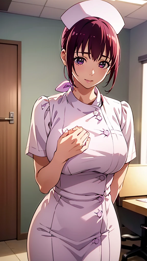 It is in it,Hair Ribbon, Mature Woman, Large Breasts, Purple Hair, Purple eyes, Hair Ribbon,Huge breasts,
,(Wearing white nurse clothes:1.2),(RAW Photos, Highest quality), (Realistic, photo-Realistic:1.4), masterpiece, Very delicate and beautiful, Very detailed, 2k wallpaper, wonderful, finely, Very detailed CG unity 8k wallpaper, Very detailedな, High resolution, Soft Light, Beautiful details, Very detailed eyes and face, Beautiful and sophisticated nose, finely beautiful eyes, nurse, Perfect Anatomy, Upstyle, nurse uniform, ((nurse cap)), Long skirt, nurse, White costume, thin, hospital, clear, White Uniform, hospital room, Neck auscultation,