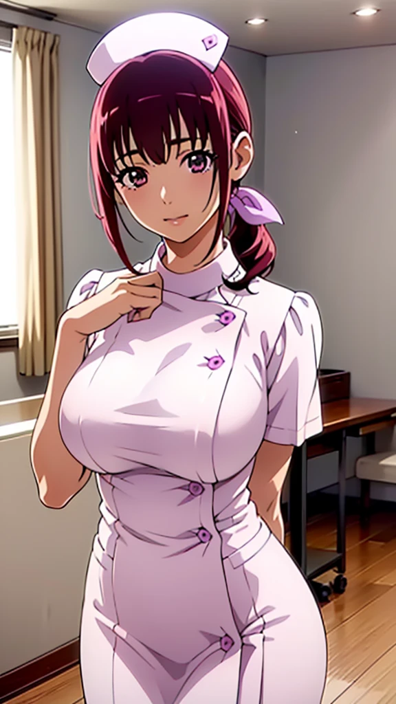 It is in it,Hair Ribbon, Mature Woman, Large Breasts, Purple Hair, Purple eyes, Hair Ribbon,Huge breasts,
,(Wearing white nurse clothes:1.2),(RAW Photos, Highest quality), (Realistic, photo-Realistic:1.4), masterpiece, Very delicate and beautiful, Very detailed, 2k wallpaper, wonderful, finely, Very detailed CG unity 8k wallpaper, Very detailedな, High resolution, Soft Light, Beautiful details, Very detailed eyes and face, Beautiful and sophisticated nose, finely beautiful eyes, nurse, Perfect Anatomy, Upstyle, nurse uniform, ((nurse cap)), Long skirt, nurse, White costume, thin, hospital, clear, White Uniform, hospital room, Neck auscultation,