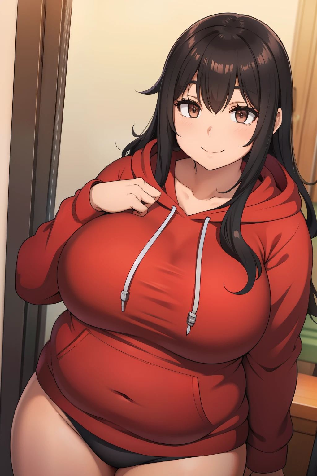 Plump year 21 big breasts black hair brown eyes chubby smile longer hair red hoodie