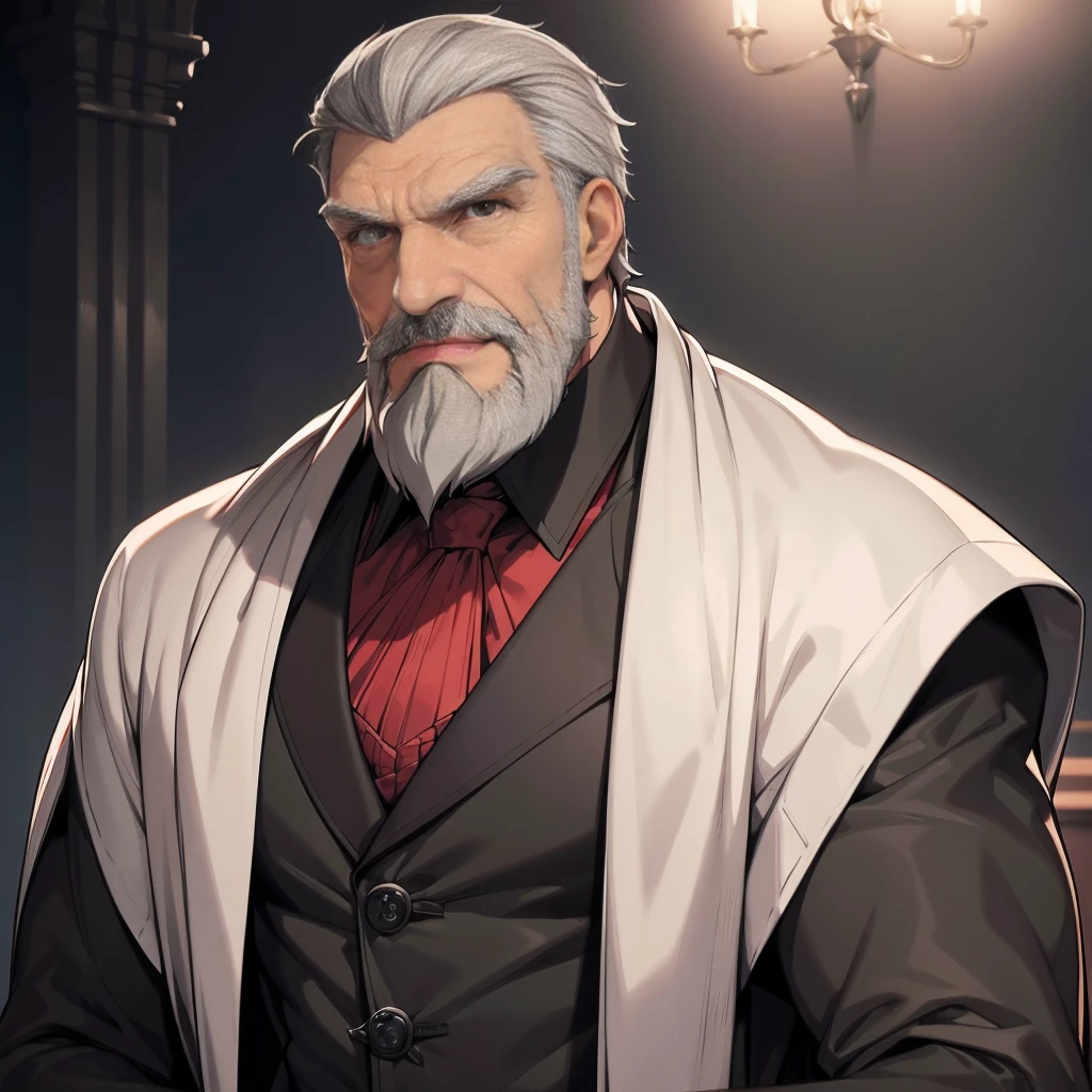 1man,gray hair, gray mustache, gray beard,vampire, vampire fangs, handsome, wearing black suitcoat, wearing red shoulder robe, dracula,malicious aura, Closer distance face, Closer distance head, closer distance pressing against me, hd, high quality, hyperdetail, ultra-realistic, 8k Resolution 