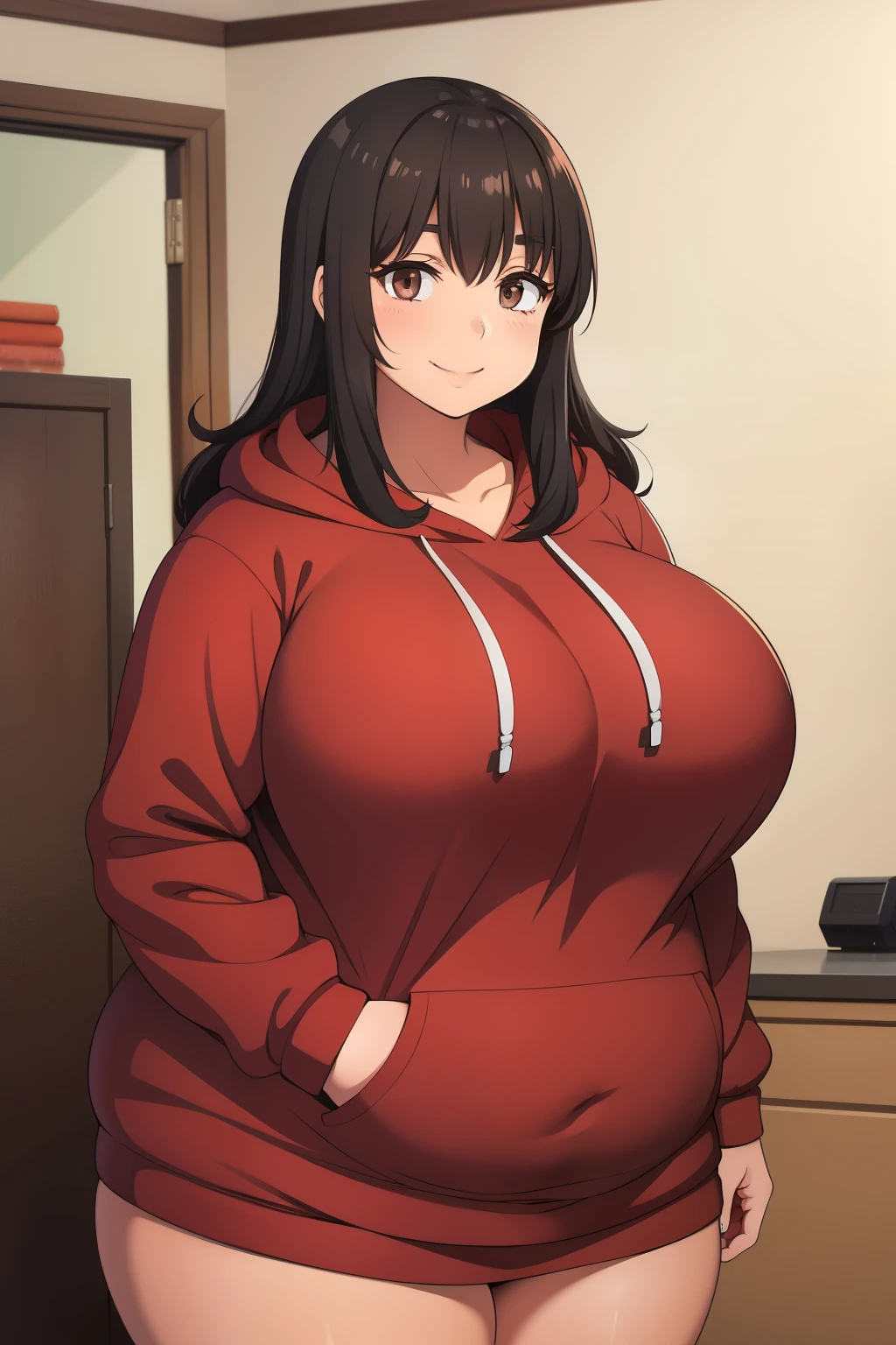 Plump year 21 big breasts black hair brown eyes chubby smile longer hair red hoodie