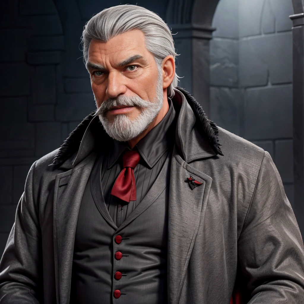 1man,gray hair, gray mustache, gray beard,vampire, vampire fangs, handsome, wearing black suitcoat, wearing red shoulder robe, dracula,malicious aura, Closer distance face, Closer distance head, closer distance pressing against me, hd, high quality, hyperdetail, ultra-realistic, 8k Resolution 