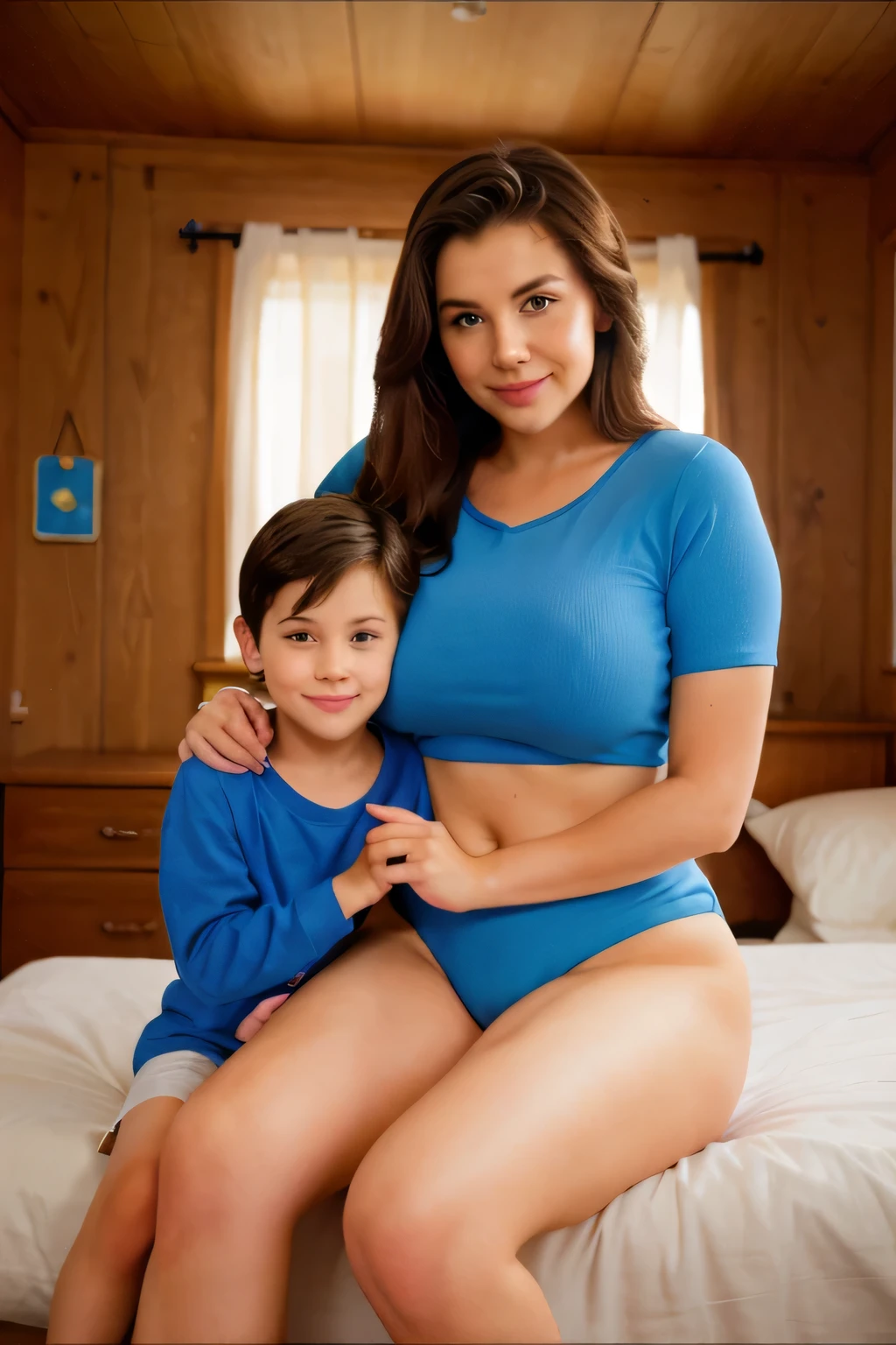 young boy sitting on his mother's lap in a cozy bedrooms, blue appropriate underwear clothes. mommy and son, 1boy, thick thighs, just give me jackpots please, special, ohh a lap sitter which is a young boy on the female's lap, the young boy directly sitting on her lap, thats the young boy's mom, young boy is sitting on his mother's lap, big thighs the mother has, lap sitting on mom, sitting on mommy's lap