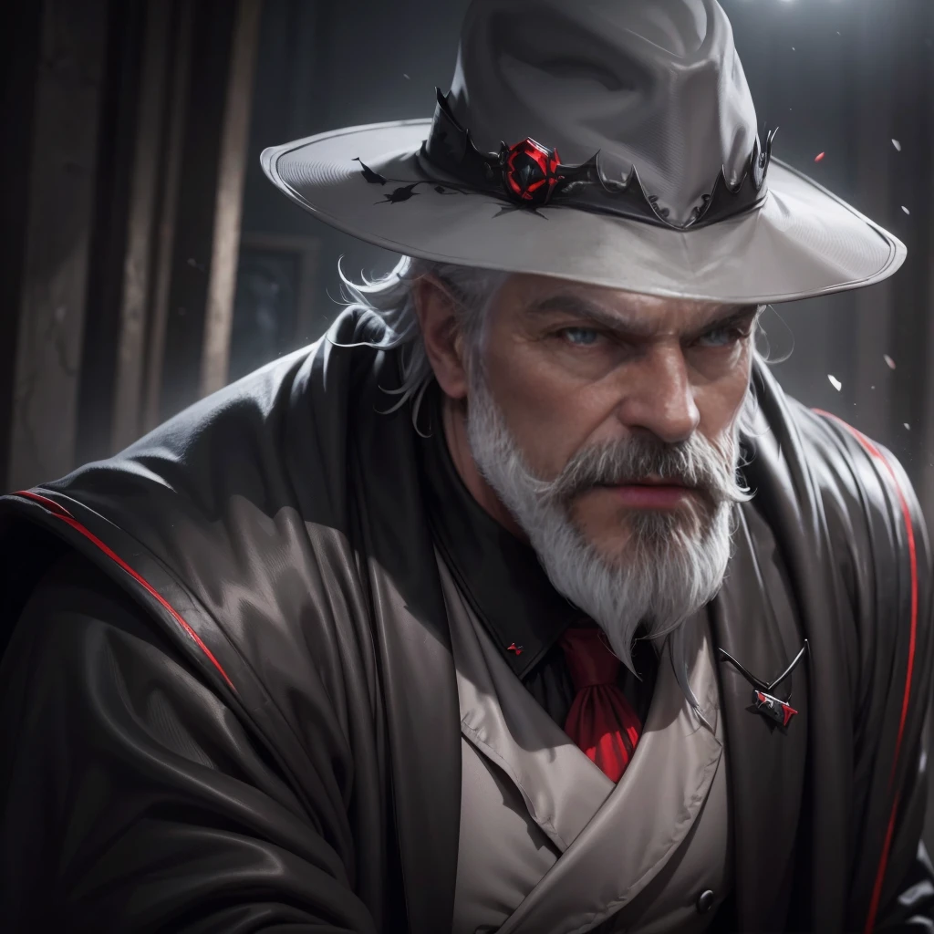 1man,gray hair, gray mustache, gray beard,vampire, vampire fangs, handsome, wearing black suitcoat, wearing red shoulder robe, dracula,malicious aura, Closer distance face, Closer distance head, closer distance pressing against me, hd, high quality, hyperdetail, ultra-realistic, 8k Resolution 