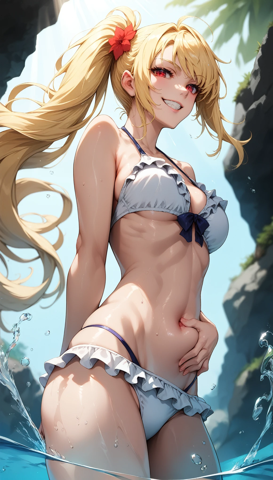 score_9, score_8_up, score_7_up, score_6_up, dark theme，sinozick style，
ijichi nijika,1girl,solo,very long hair,long hair,blonde hair,frills,frilled bikini,white bikini,red eyes,smile,side ponytail,hand on own stomach,smug,swept bangs,collarbone,bare shoulders,stomach,arm at side,water,cowboy shot,bodybuilding elegant body curve,(bending arm:1.5)
day,standing,rock,navel,sidelocks,teeth,outdoors,looking at viewer,(glittering skin,floating splashes of water,bright sunlight:1.5),(blurry,blurry_foreground,blurry background,depth of field:1.2),(from side,from below:1.3),