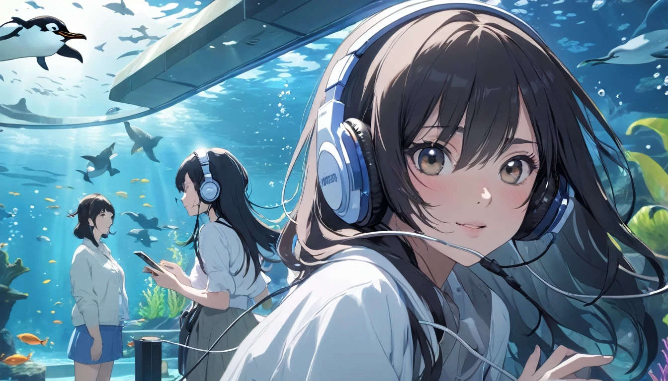 Dark-haired woman with headphones at the aquarium,Penguins swimming above、listen to music、Japanese