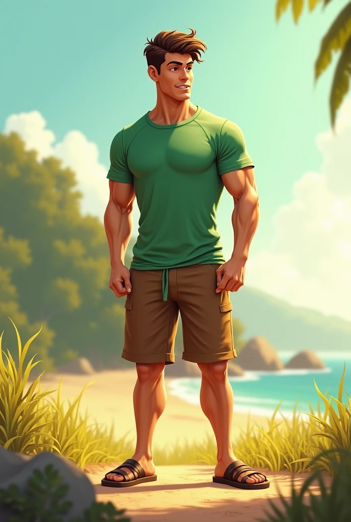 Create a hyper-realistic illustration of a young man, skin tanned, jaw and marked features, eyes browns, AND MEDIUM LONG HAIR, well combed back and coppery brown color, fully body, safari
