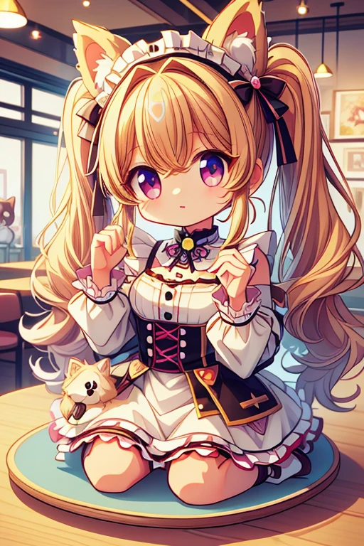 Highest quality,masterpiece,dogcafe,Girl clerk,Maid clothes,(German Spitz,Pomeranian,1.3),Anime Style,cute,Twin tail hair,Hooray,Put your hands up,