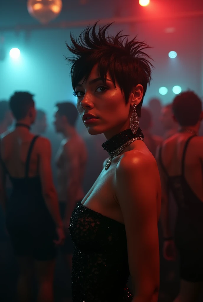 Back view of a lady, holding a knife at her back, in a party , everyone dancing, blur background , 8k, MASTERPIECE by Aaron Horkey and Jeremy Mann, sharp, masterpiece, best quality, Photorealistic, ultra-high resolution, photographic light, illustration by MSchiffer, Hyper detailed