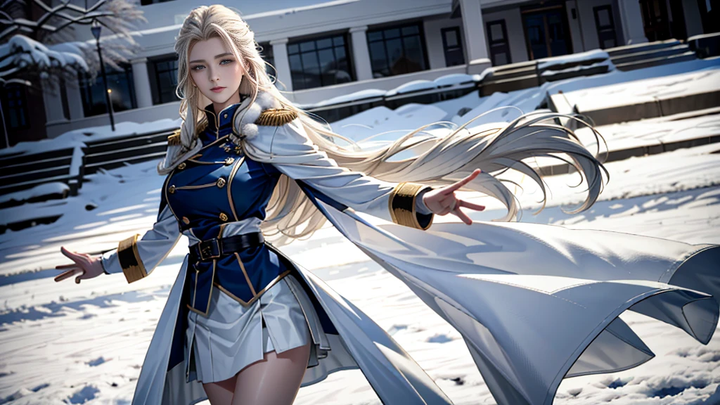 (highest resolution, distinct_image), realistic, Best quality, single person, one girl, solo, (((masterpiece))), (((high detailed eyes))), long hair, braided white blond hair, (blue military uniform underneath the coat), depth of field, (falling snow), ((big breasts)), authoritative, dignified, calm and powerful expression, ambient lighting, exquisite facial feature, ((fur-trimmed white coat)), open coat, short skirt, looking at viewer, head to waist, dynamic angle, light smile, ((from front)), ((quiet and spacious plaza in background))