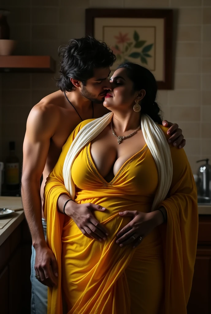 Indian Mature aunty, fat belly, large breasts, lying on bed, breasts half covered in bed sheet, Kissing a young boy, dim light in bed room.