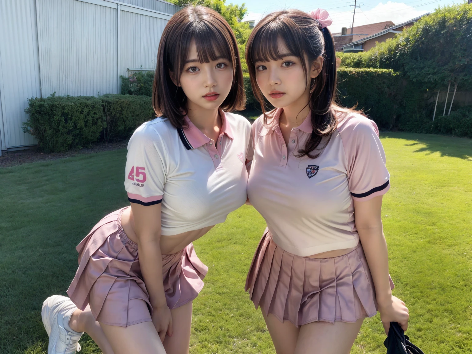 (RAW photo, 4k, masterpiece, high resolution, extremely complex) (realistic: 1.4), cinematic lighting
((2 girls, 2 schoolgirls)),blushing,((innocent)),bright eyes,round eyes,blunt bangs,(short bob hair:1.3),black hair,large breasts,wide hips,Summer Noon, ,Hot, (Best Quality), (Highres), (an Extremely Delicate and Beautiful),(Beautiful 8k face),(Brown eyes),( spectators),(gigantic breasts),(Play with each other,Touching each other's bodies,Touching the body),(cheer girl:1.5),(a miniskirt),(reality),bright lighting,(The background is a luxury hotel room)